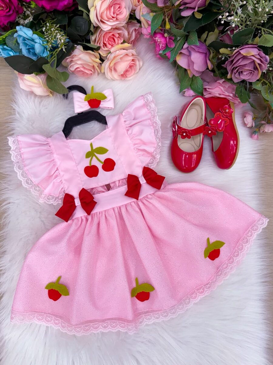 Romper Vestido Infantil Belli Cerejinha Rosa
