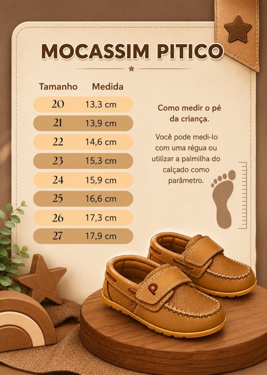 Mocassim Infantil Pitico Raul Palha e Marrom 20 ao 27