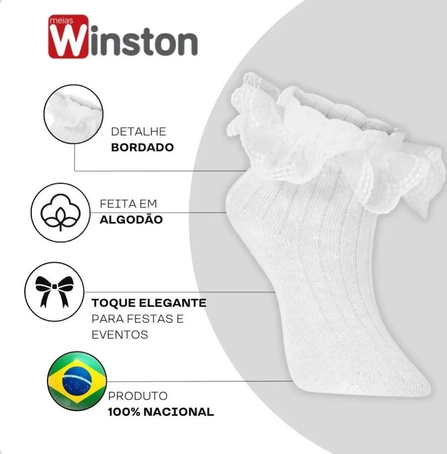 Meia Infantil Winston Branca com Babado de Tule