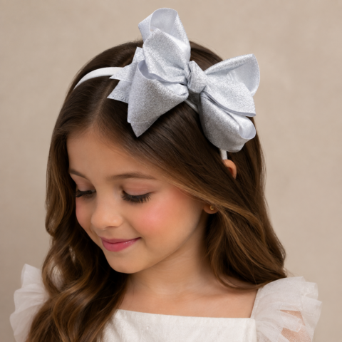Tiara Infantil Belli Laço Prata com Pérolas e Strass