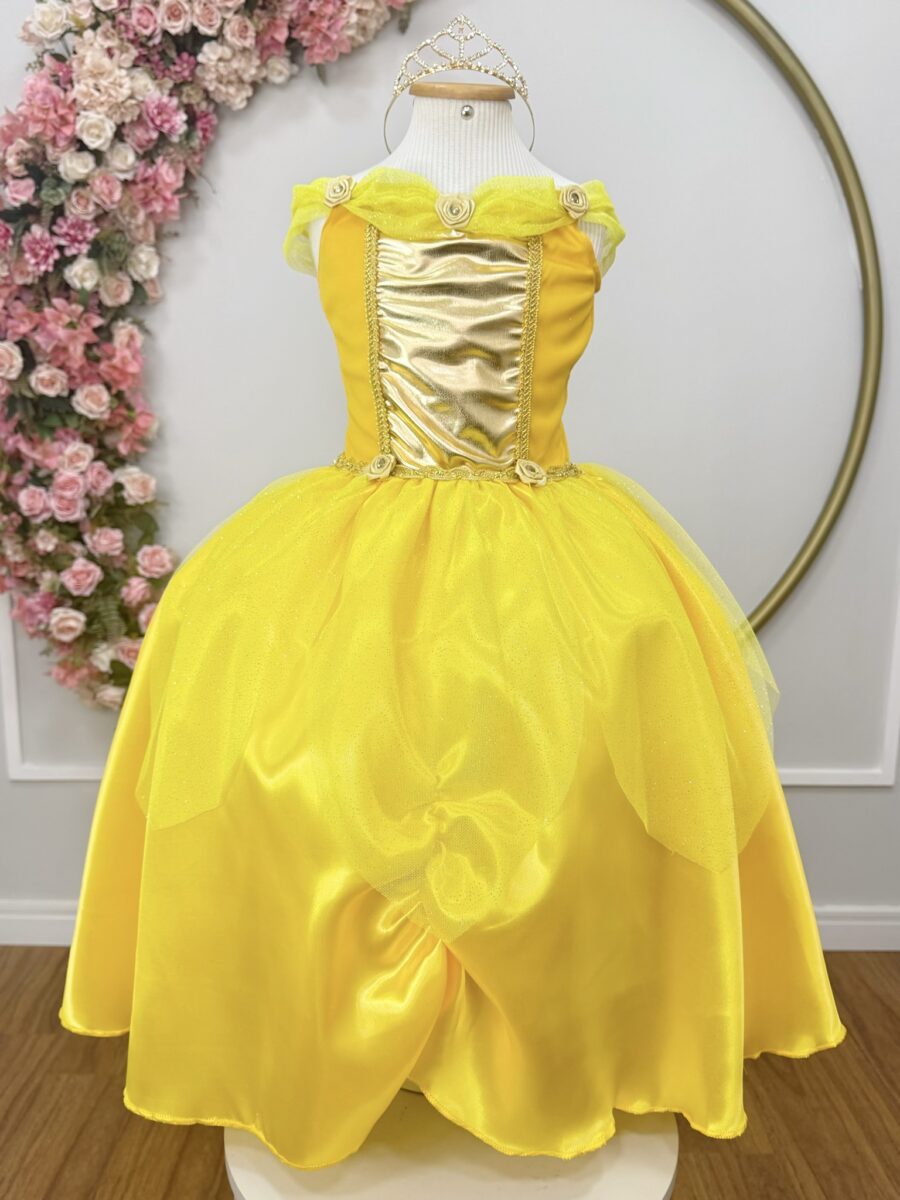 Fantasia Princesa Infantil Amarela Luvas Helanca e Tule