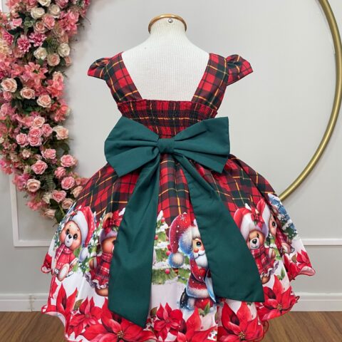 Vestido Infantil Vermelho Xadrez Ursinhos Natal