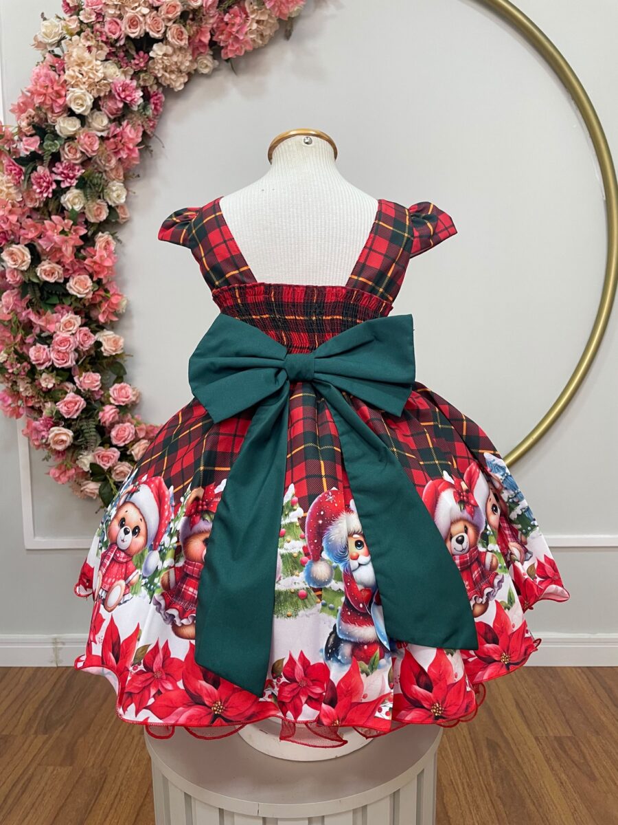 Vestido Infantil Vermelho Xadrez Ursinhos Natal