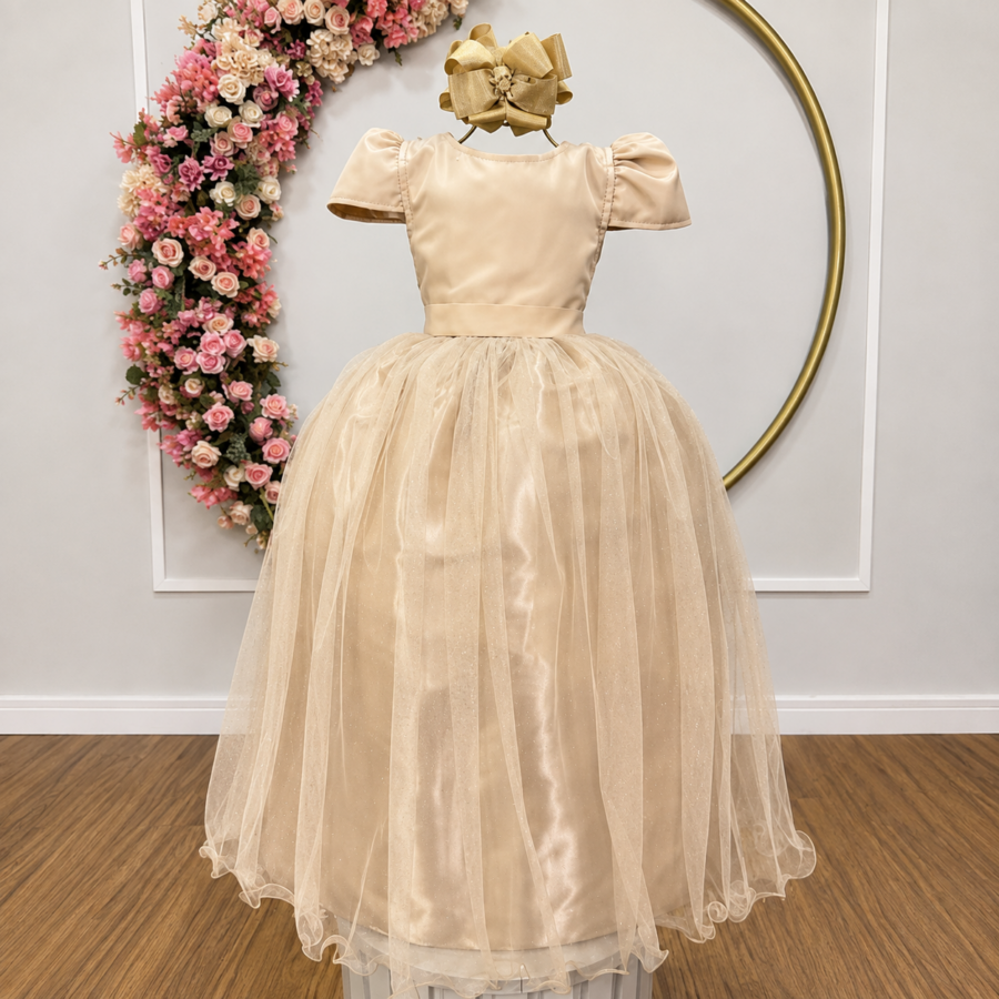 Vestido Infantil Longo Dourado de Princesa com Mangas