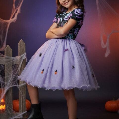Fantasia Bruxinha Halloween Infantil Saia Lilás com Capa
