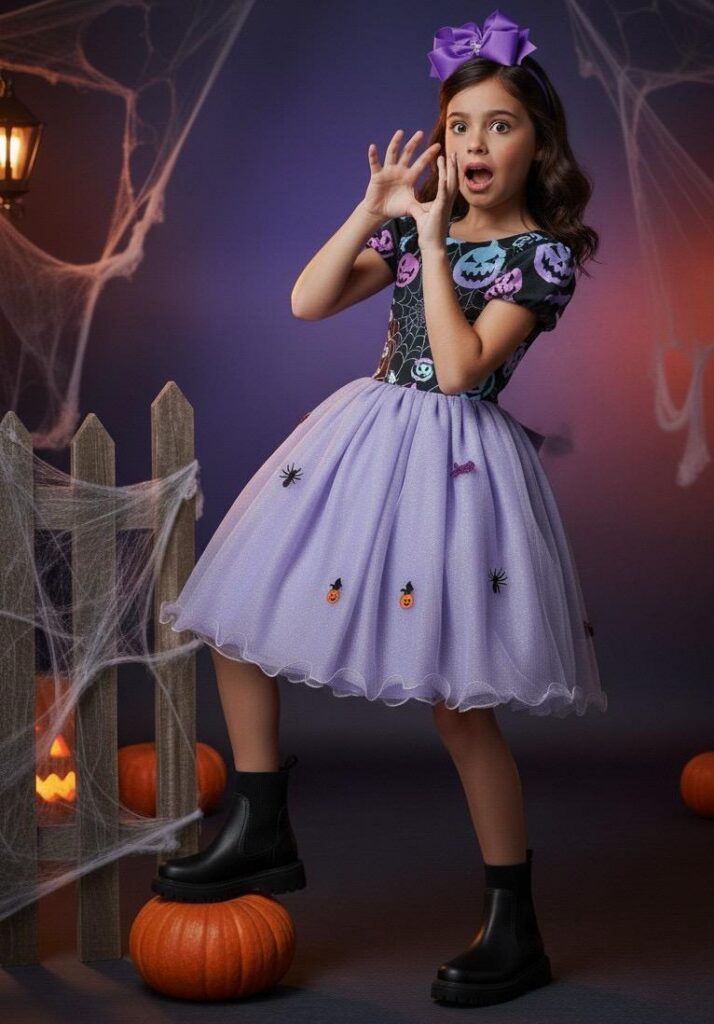 Fantasia Bruxinha Halloween Infantil Saia Lilás com Capa
