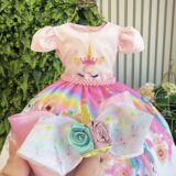 Vestido Infantil Unicórnio Rosa com Tiara Temática
