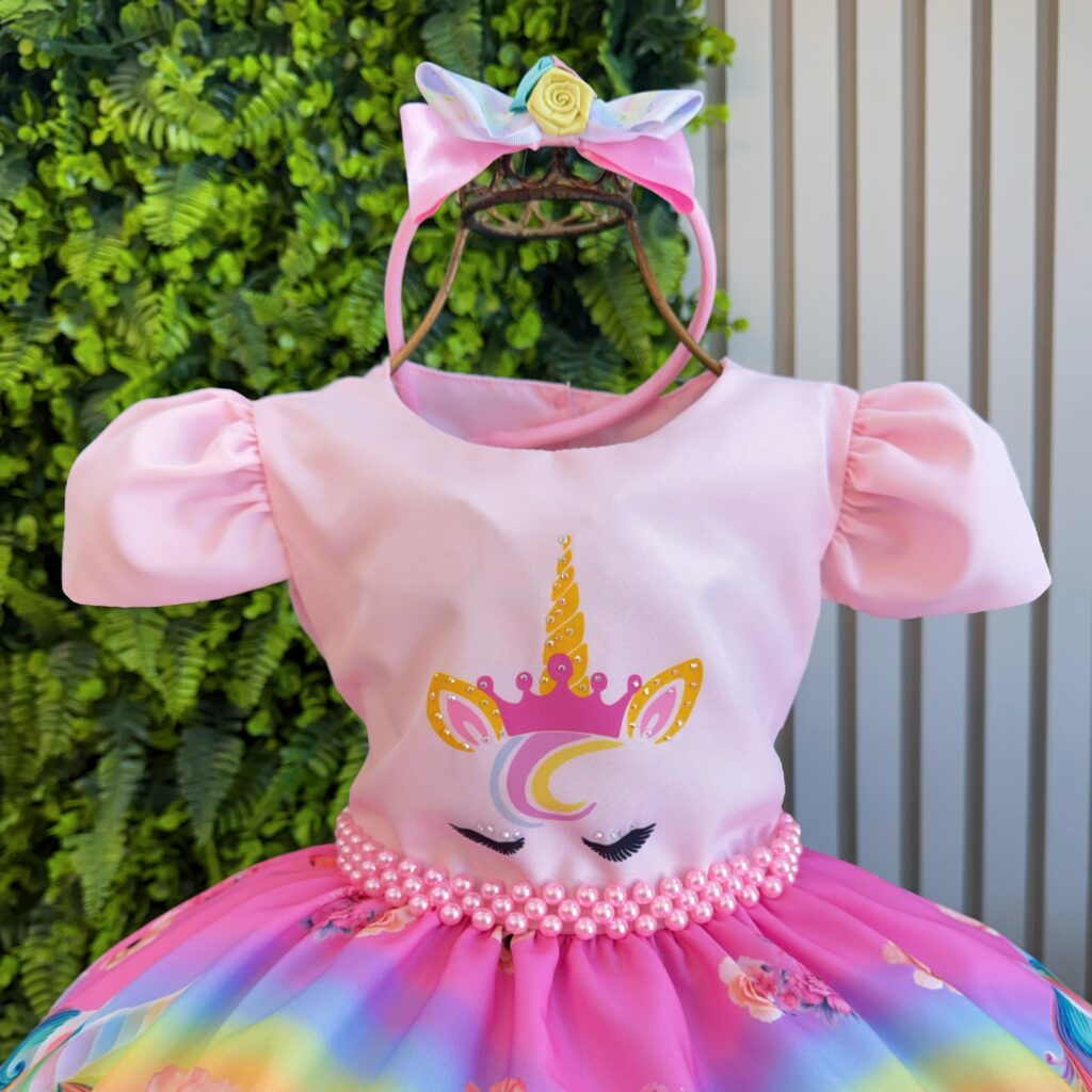 Vestido Infantil Unicórnio Rosa com Tiara Temática
