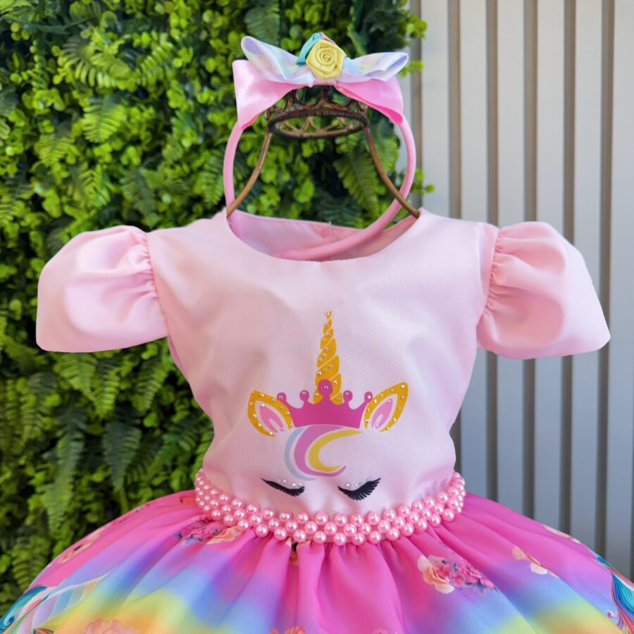 Vestido Infantil Unicórnio Rosa com Tiara Temática