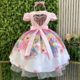 Vestido Infantil Unicórnio Rosa com Tiara Temática