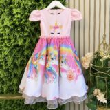 Vestido Infantil Unicórnio Rosa com Tiara Temática