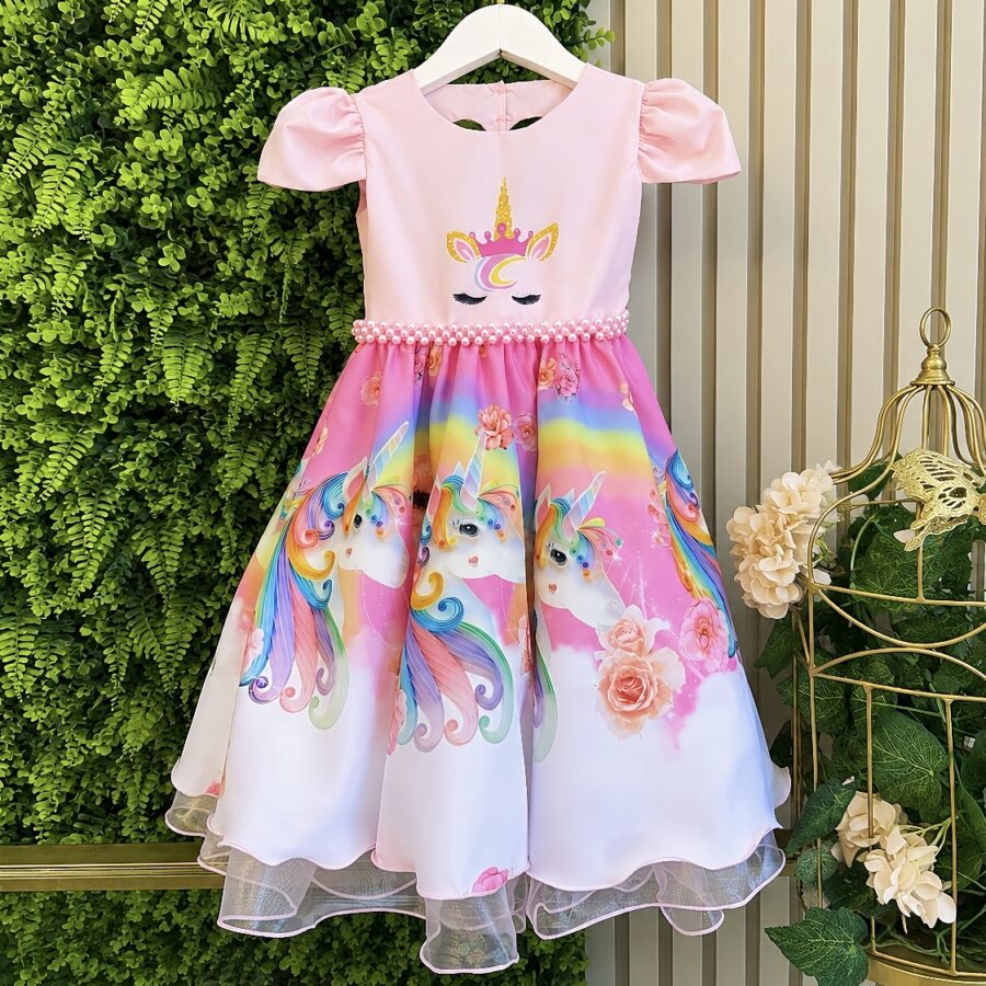 Vestido Infantil Unicórnio Rosa com Tiara Temática