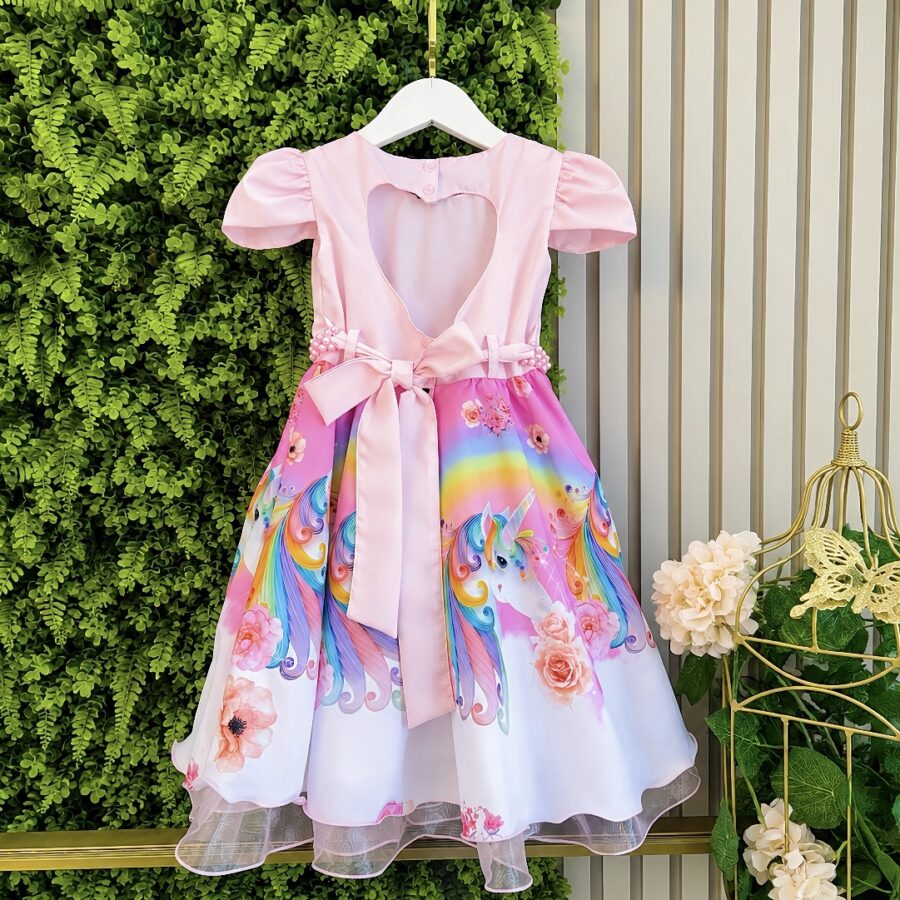 Vestido Infantil Unicórnio Rosa com Tiara Temática