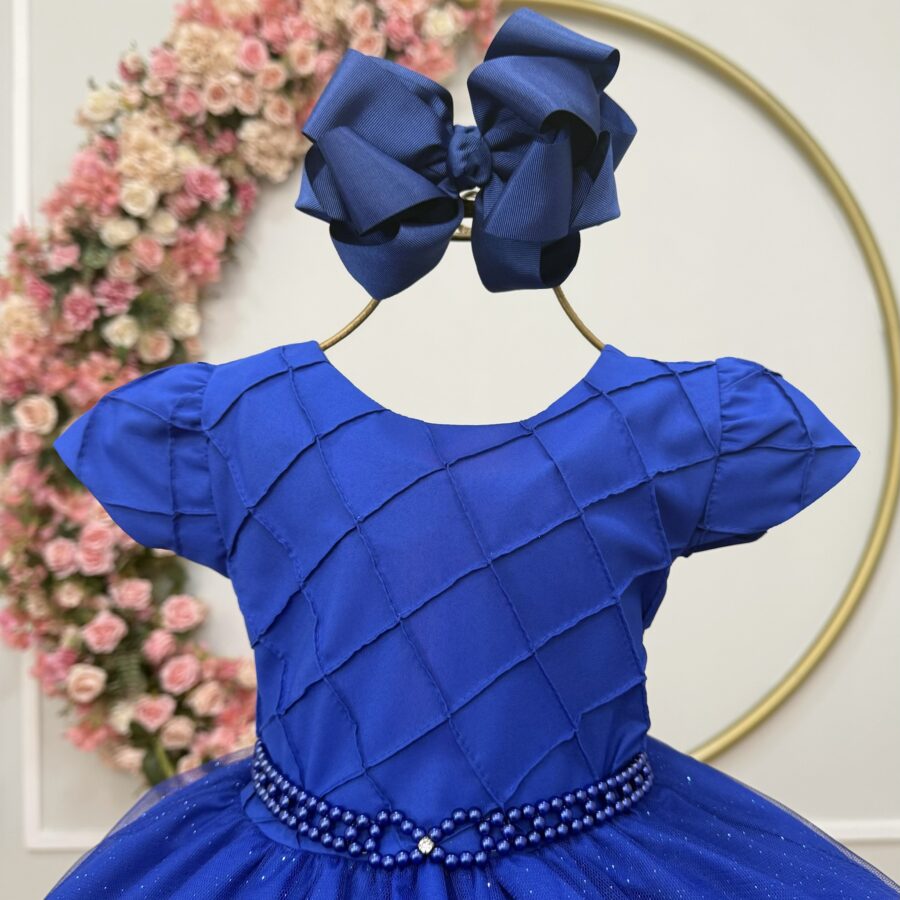 Vestido Infantil Azul Royal Busto Nervura Daminha Festa