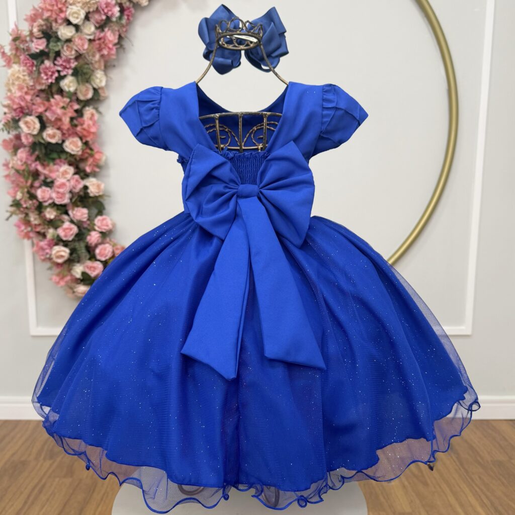 Vestido Infantil Azul Royal Busto Nervura Daminha Festa