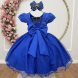 Vestido Infantil Azul Royal Busto Nervura Daminha Festa
