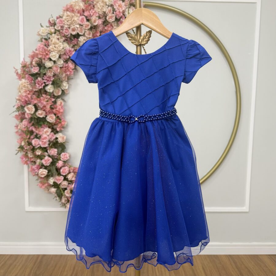 Vestido Infantil Azul Royal Busto Nervura Daminha Festa
