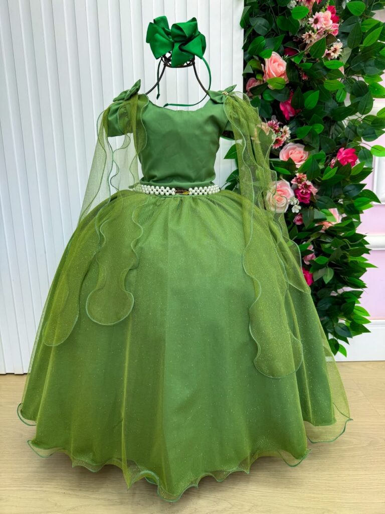 Vestido Infantil Longo Banana Club Diamante Verde Militar