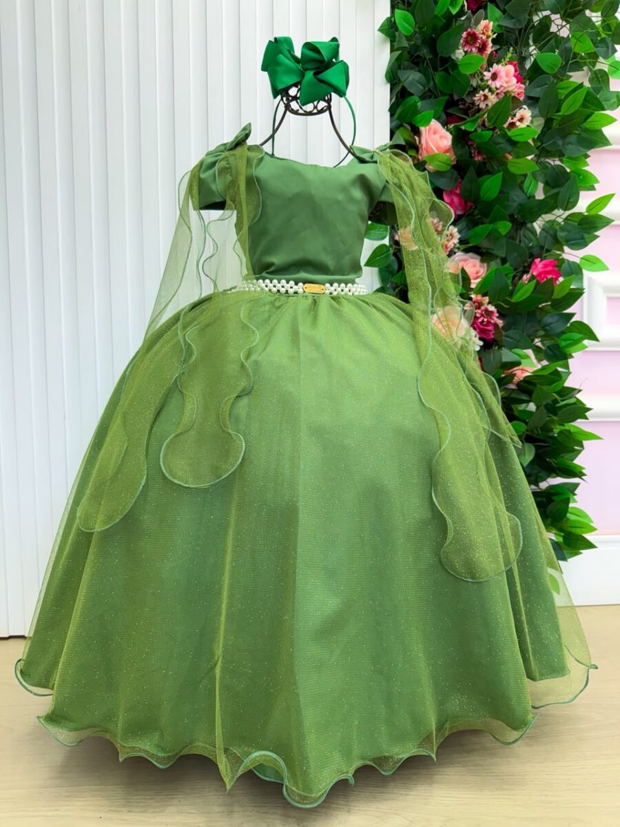 Vestido Infantil Longo Banana Club Diamante Verde Militar