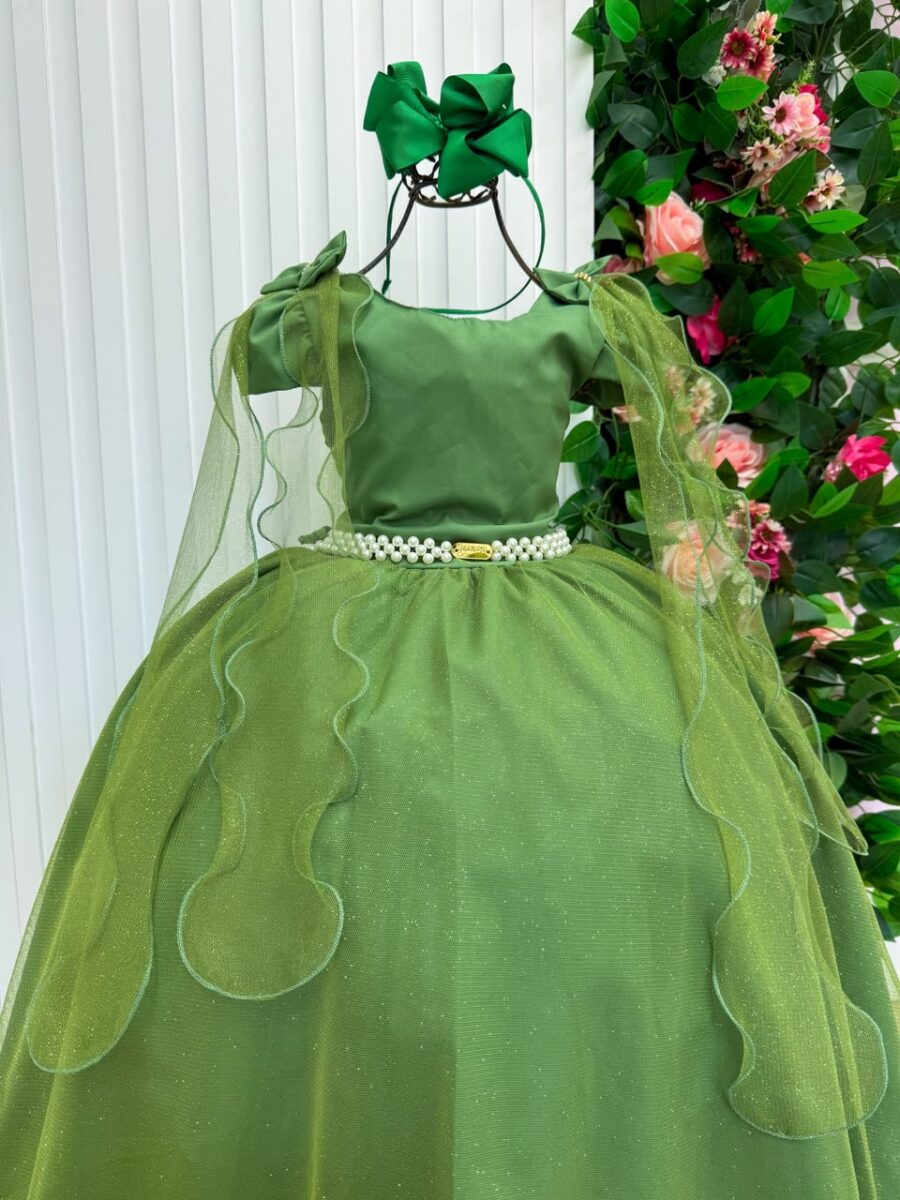 Vestido Infantil Longo Banana Club Diamante Verde Militar