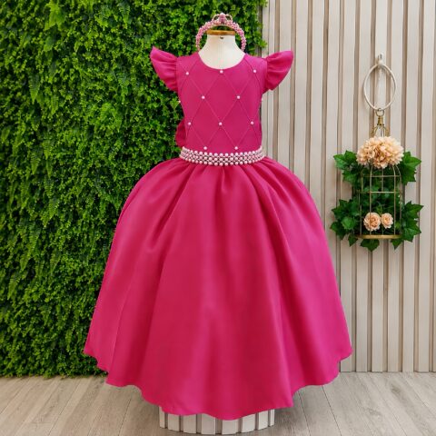 Vestido Longo Infantil Pink Nervura e Cinto de Pérolas