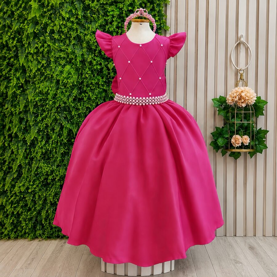 Vestido Longo Infantil Pink Nervura e Cinto de Pérolas