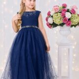 Vestido Infantil Dama de Honra Longo Azul Marinho Pérolas