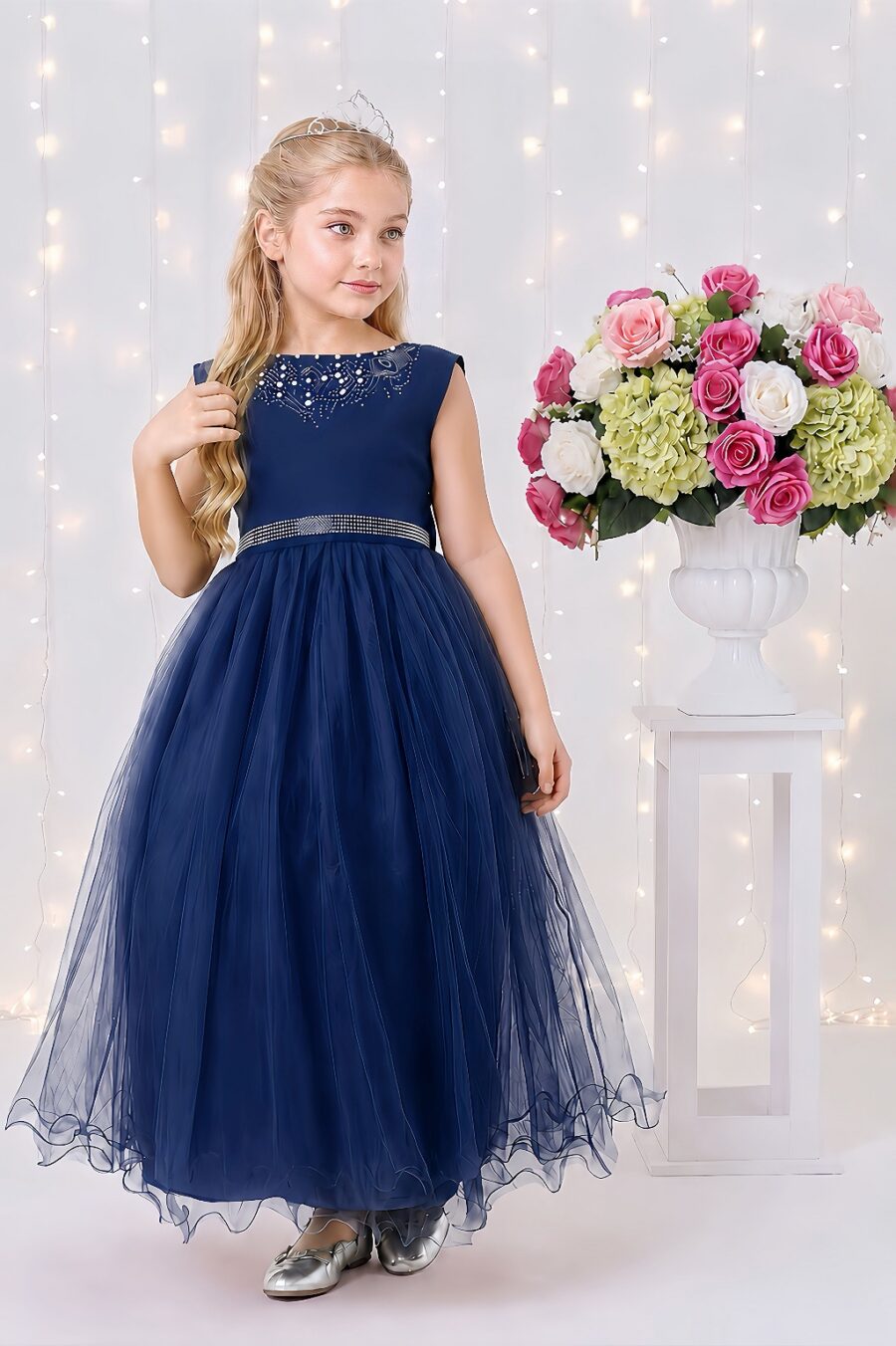 Vestido Infantil Dama de Honra Longo Azul Marinho Pérolas