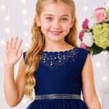 Vestido Infantil Dama de Honra Longo Azul Marinho Pérolas