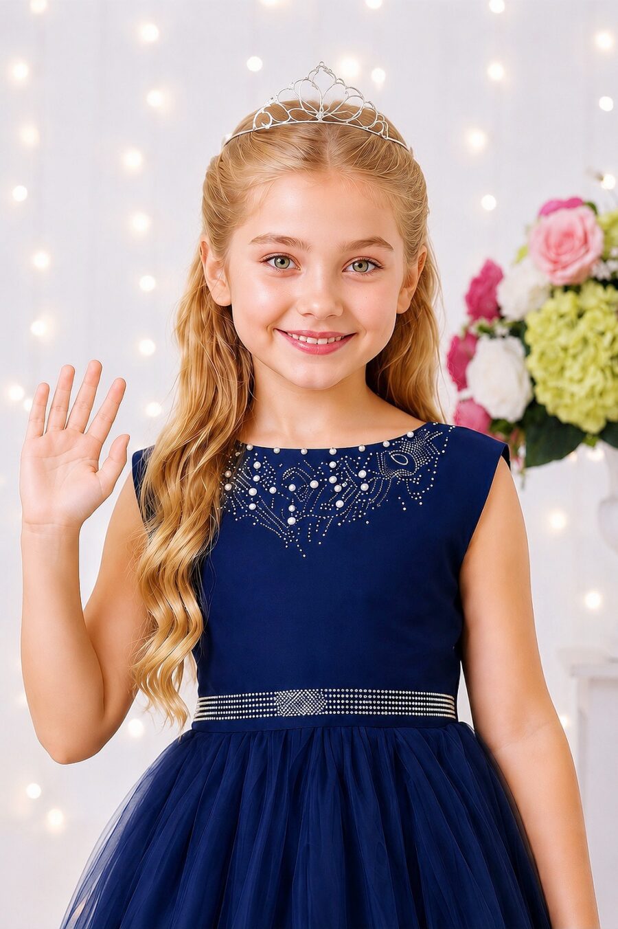 Vestido Infantil Dama de Honra Longo Azul Marinho Pérolas