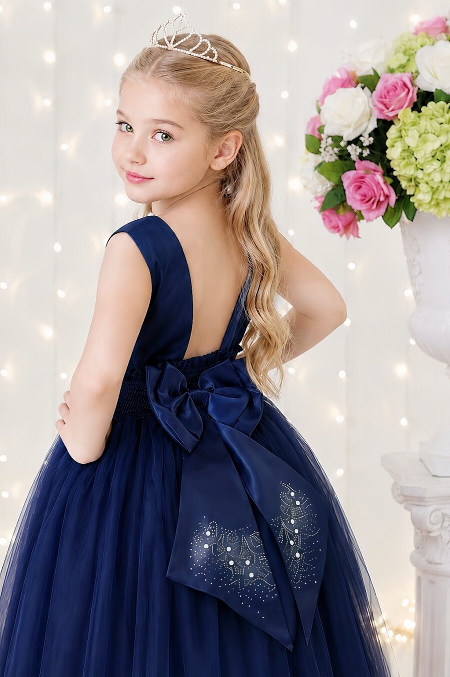 Vestido Infantil Dama de Honra Longo Azul Marinho Pérolas
