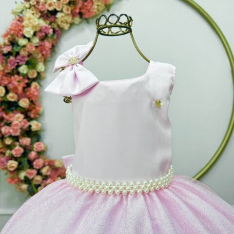 Vestido Infantil Longo Damas, Rosa Bebê, em Poliéster e Tule Glitter