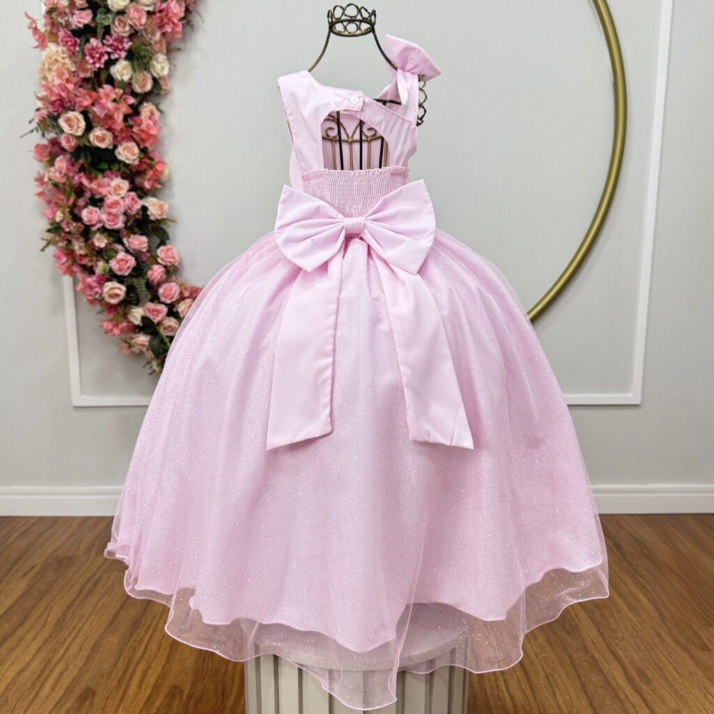 Vestido Infantil Longo Dama Rosa Bebê Poliéster Tule Glitter