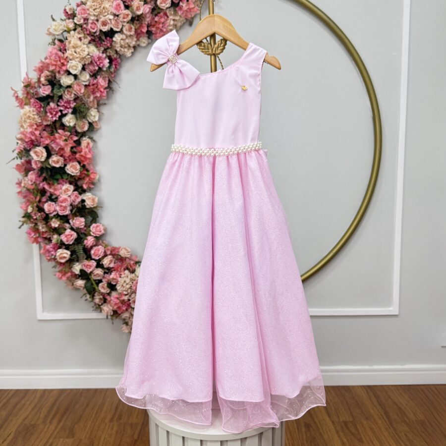 Vestido Infantil Longo Dama Rosa Bebê Poliéster Tule Glitter