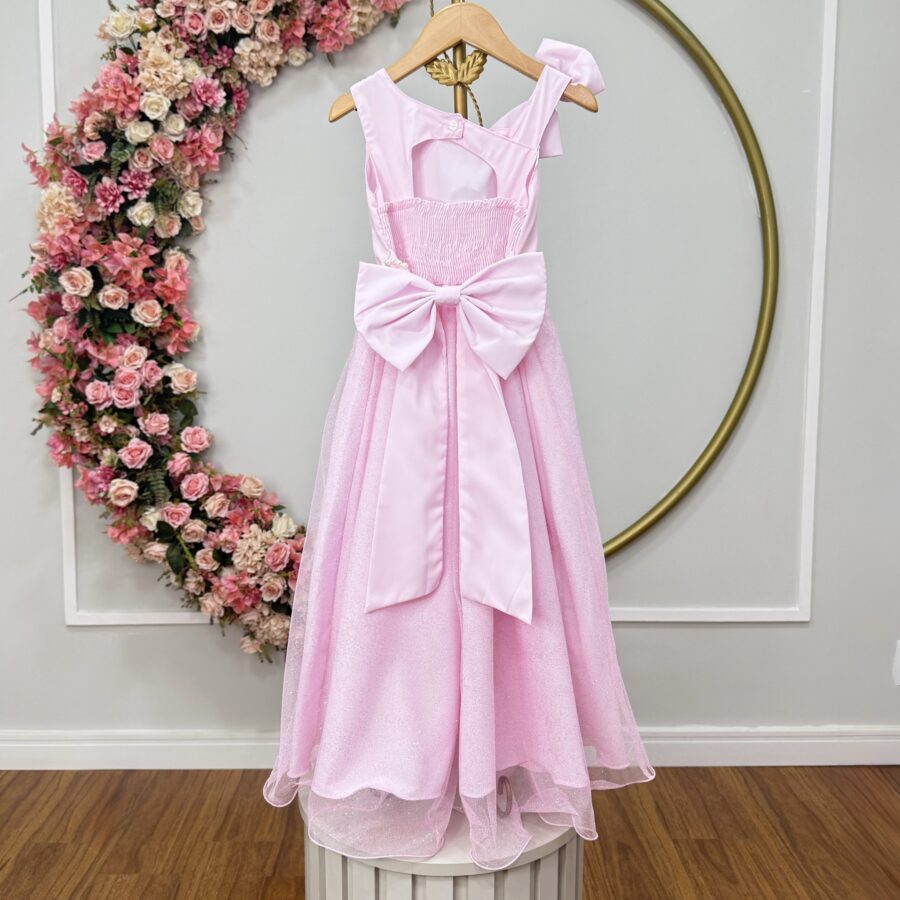Vestido Infantil Longo Dama Rosa Bebê Poliéster Tule Glitter