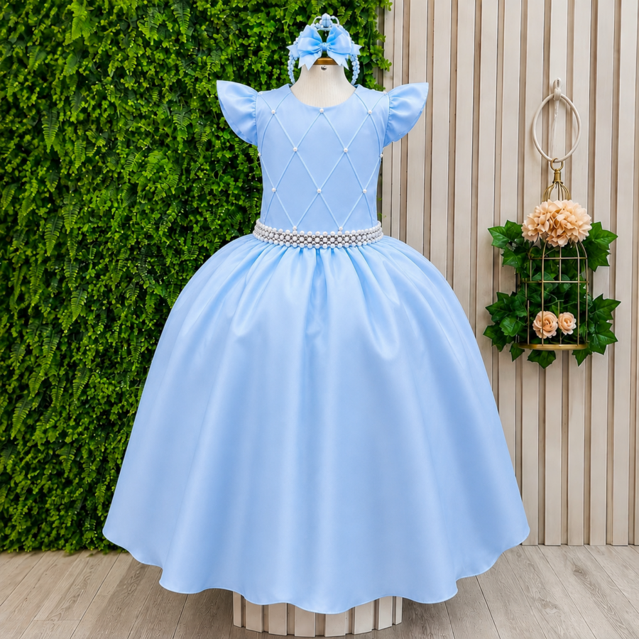 Vestido Longo Infantil Daminha Azul Claro Busto Nervura