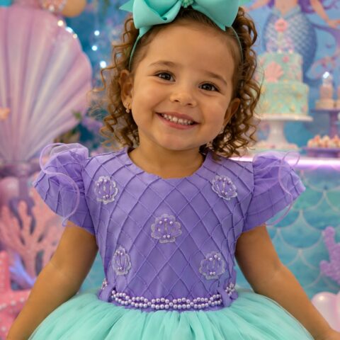 Vestido Infantil Temático Sereia Menina Bonita Fundo do Mar