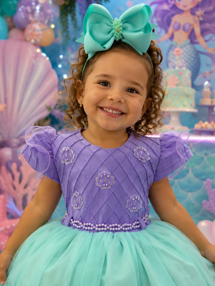 Vestido Infantil Temático Sereia Menina Bonita Fundo do Mar