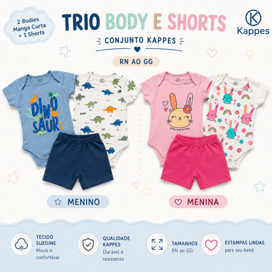 Kit 2 Bodies e 1 Short Bebê Suedine Kappes