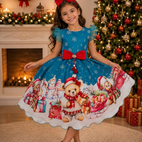 Vestido Infantil Marie Floco de Neve Verde Natal