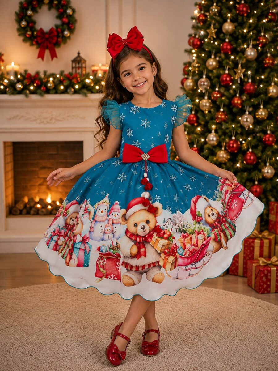 Vestido Infantil Marie Floco de Neve Verde Natal