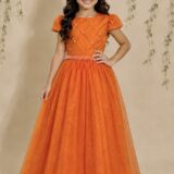 Vestido Infantil Longo Terracota Tule Glitter Busto Nervura