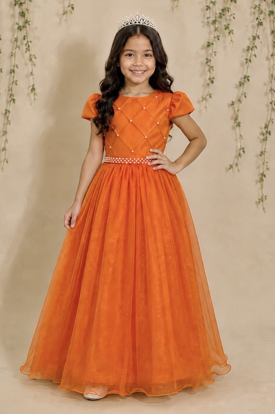 Vestido Infantil Longo Terracota Tule Glitter Busto Nervura