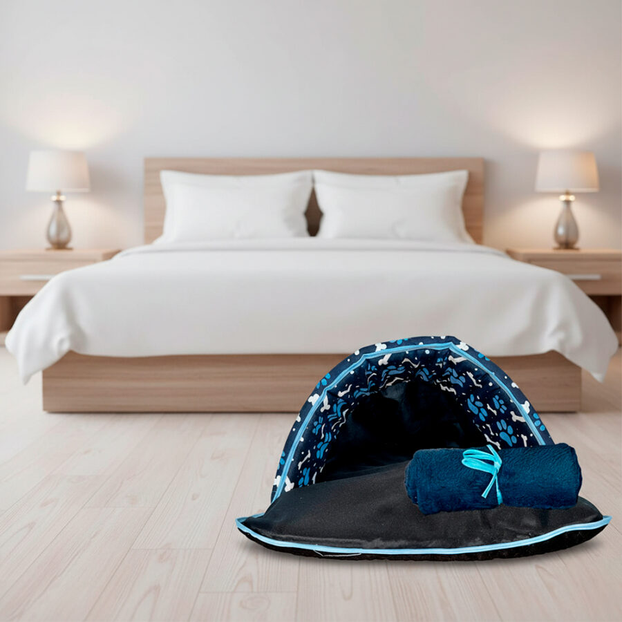 Kit Saco de Dormir Pet Impermeável Téo 2 Peças Azul e Manta