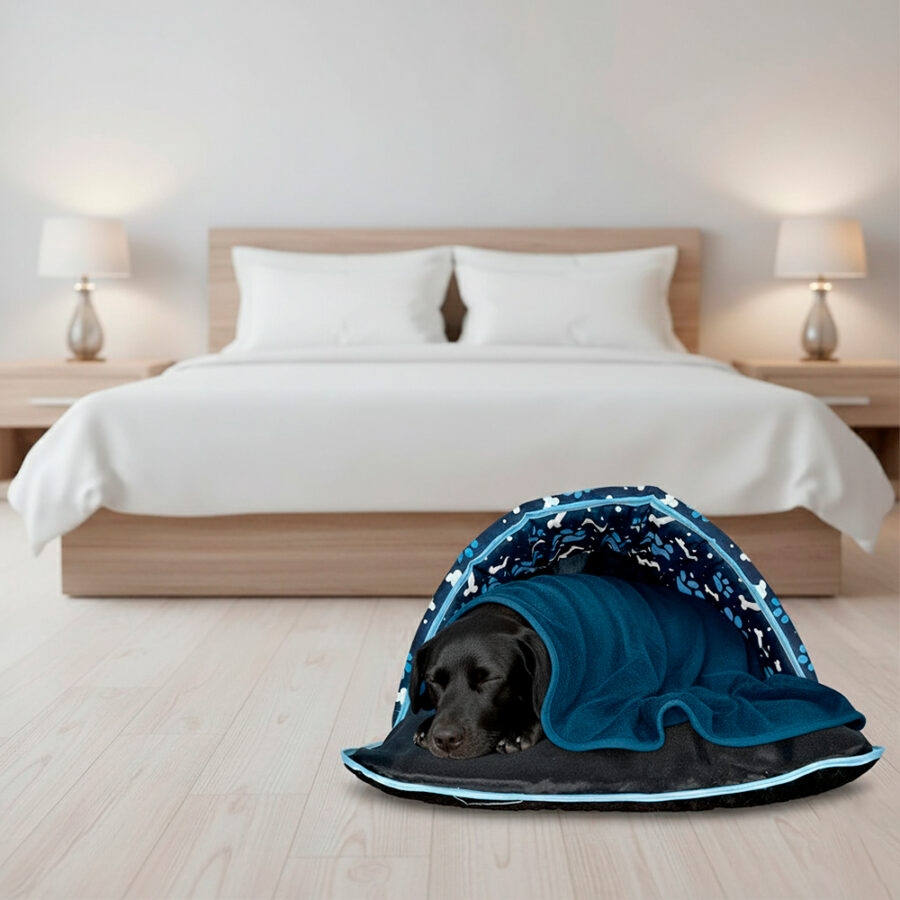 Kit Saco de Dormir Pet Impermeável Téo 2 Peças Azul e Manta