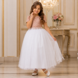 Vestido Infantil Dama Longo Rosê e Branco Cetim Renda Tule