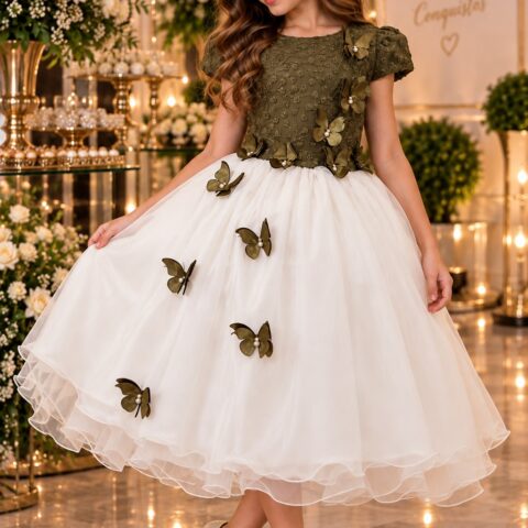 Vestido Juvenil - Midi Vila Lele Sabrina Verde Militar e Off