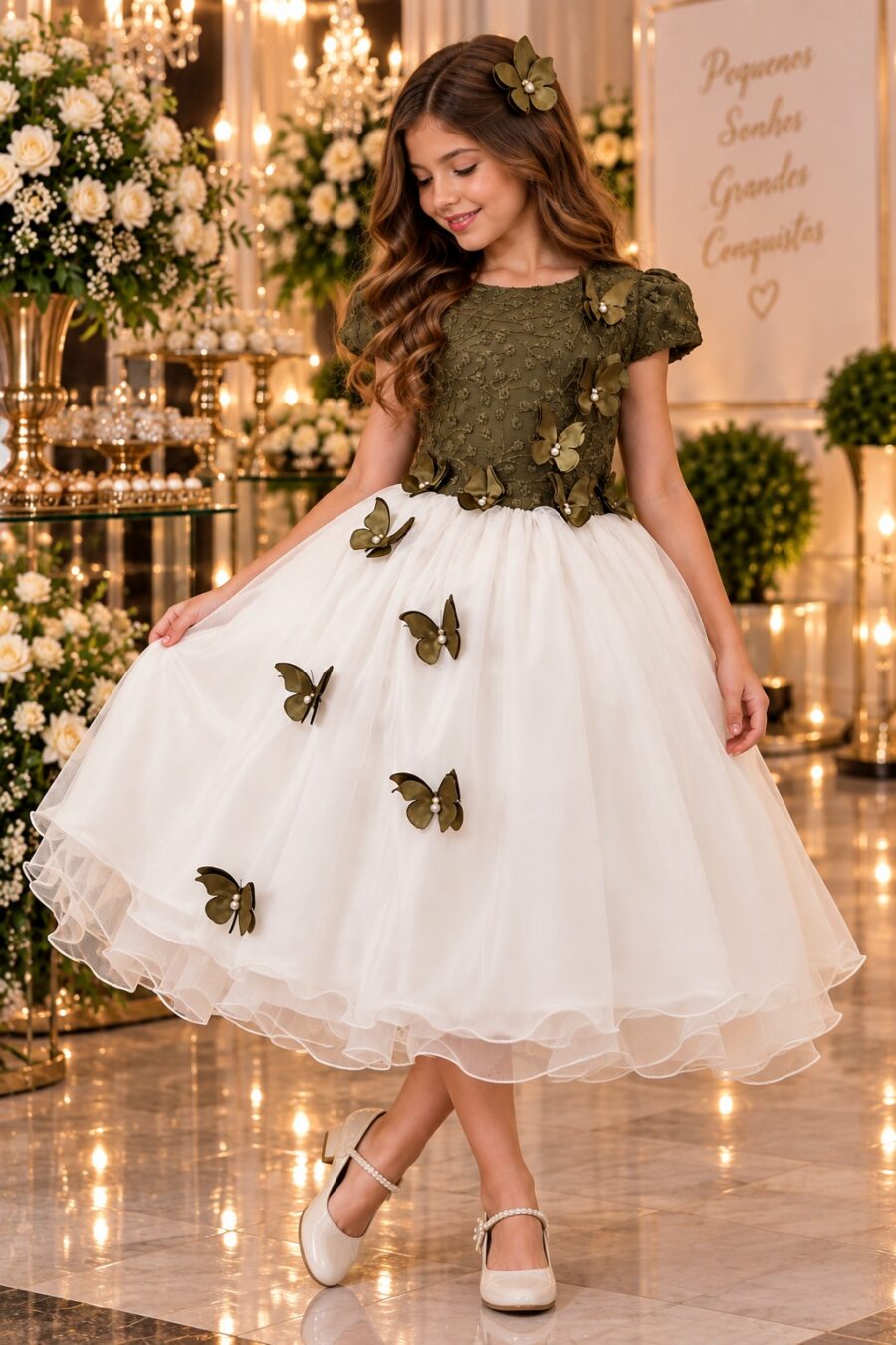 Vestido Midi Juvenil Vila Lele Sabrina Verde Militar e Off