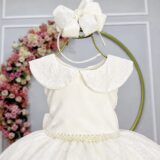 Vestido Infantil Festa Off White Gola Boneca Glitter Pérolas