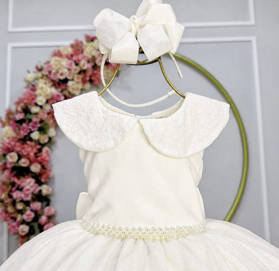 Vestido Infantil Festa Off White Gola Boneca Glitter Pérolas